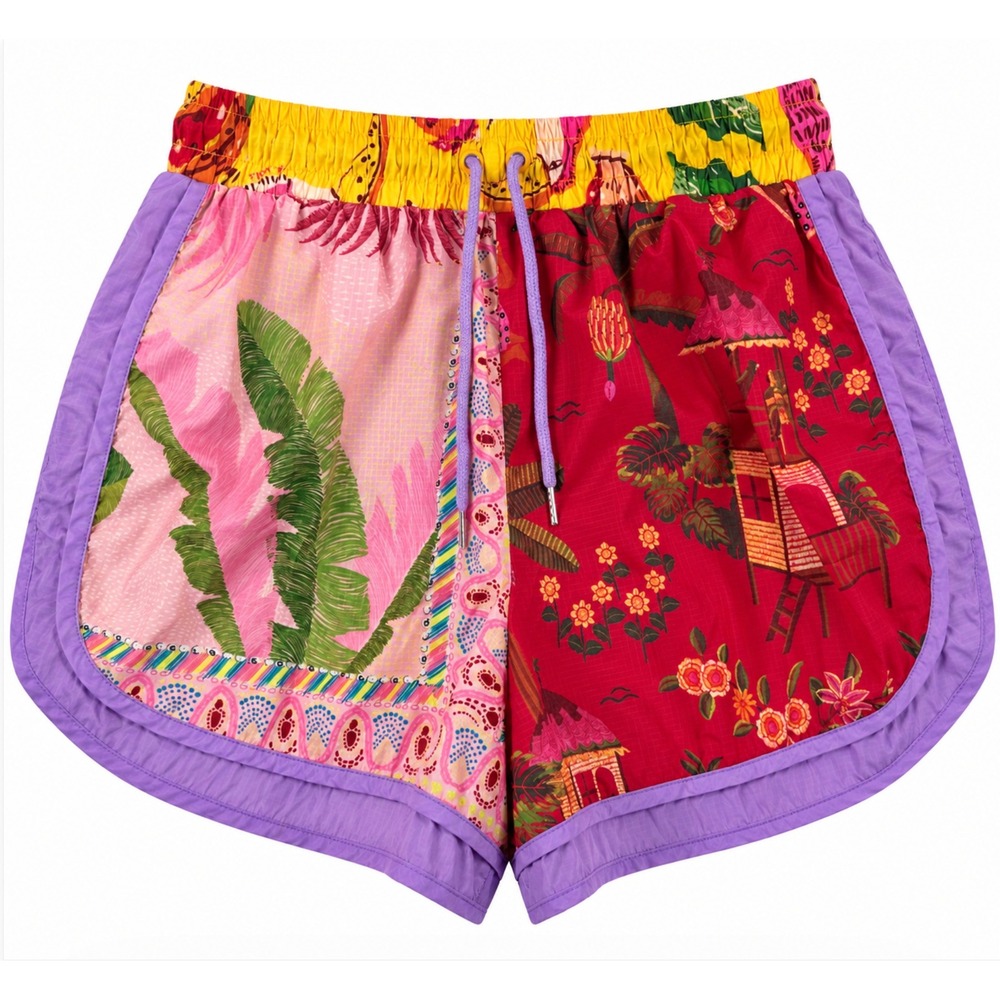 Farm Rio Mixed Scrarves Patchwork Tropical Shorts Medium Drawstring Brief Liner